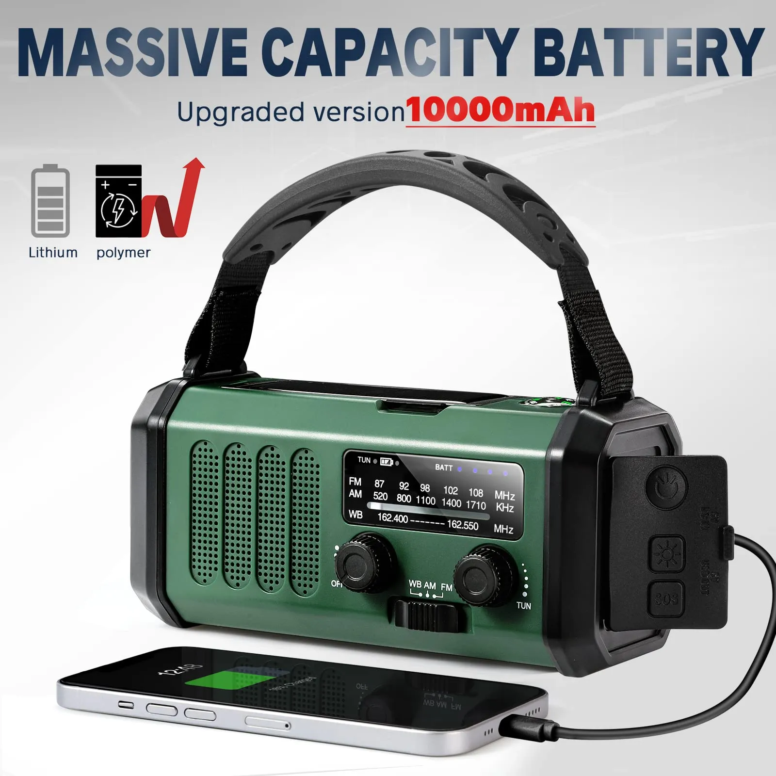 10000mAh Crank Radio, Emergency Radio, Solar Radio, NOAA/AM/FM Weather Radio, USB Type-C Charging, Dynamo Radio, Polymer Battery, Torch & LED Reading Light, SOS Alarm, Compass for Camping Green