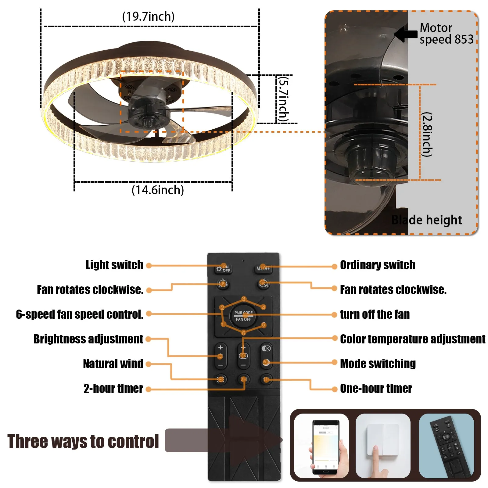 19.7" Simple LED Ring Chandelier Fan Modern Recessed Ceiling Light Chandelier Brown Ceiling Fan Light