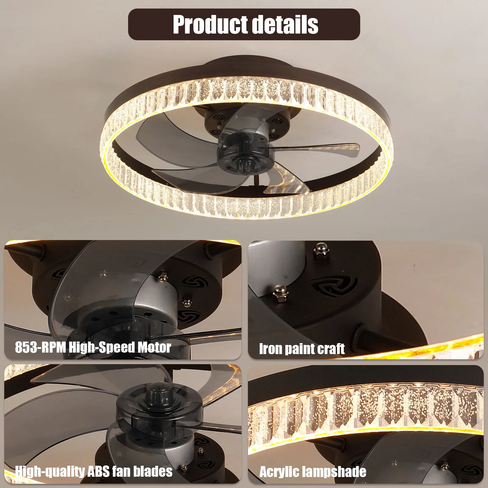 19.7" Simple LED Ring Chandelier Fan Modern Recessed Ceiling Light Chandelier Brown Ceiling Fan Light