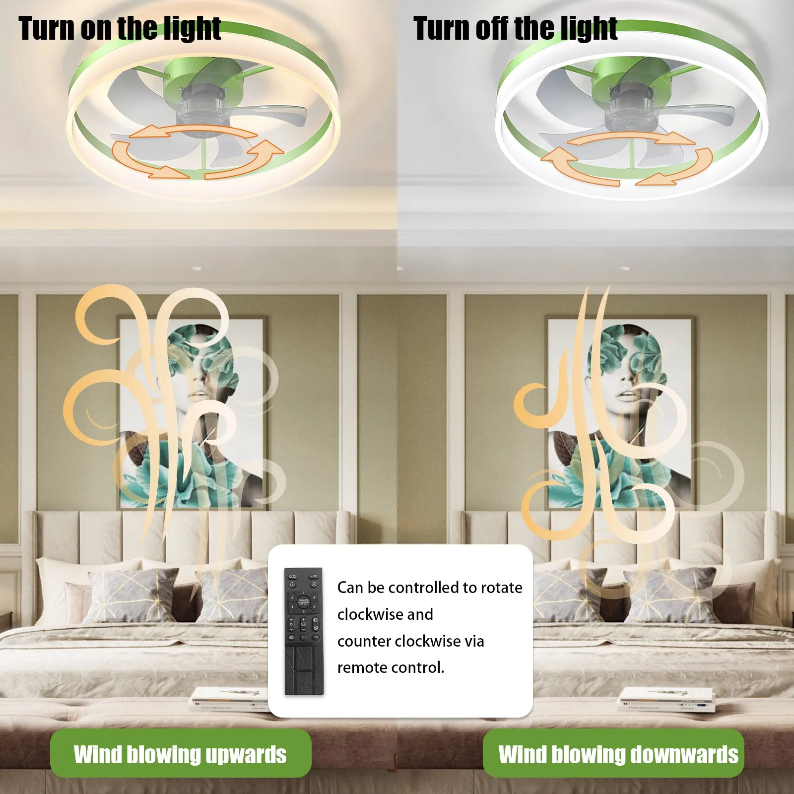 19.7" Simple LED Ring Chandelier Fan Modern Recessed Ceiling Light Chandelier Green Ceiling Fan Light