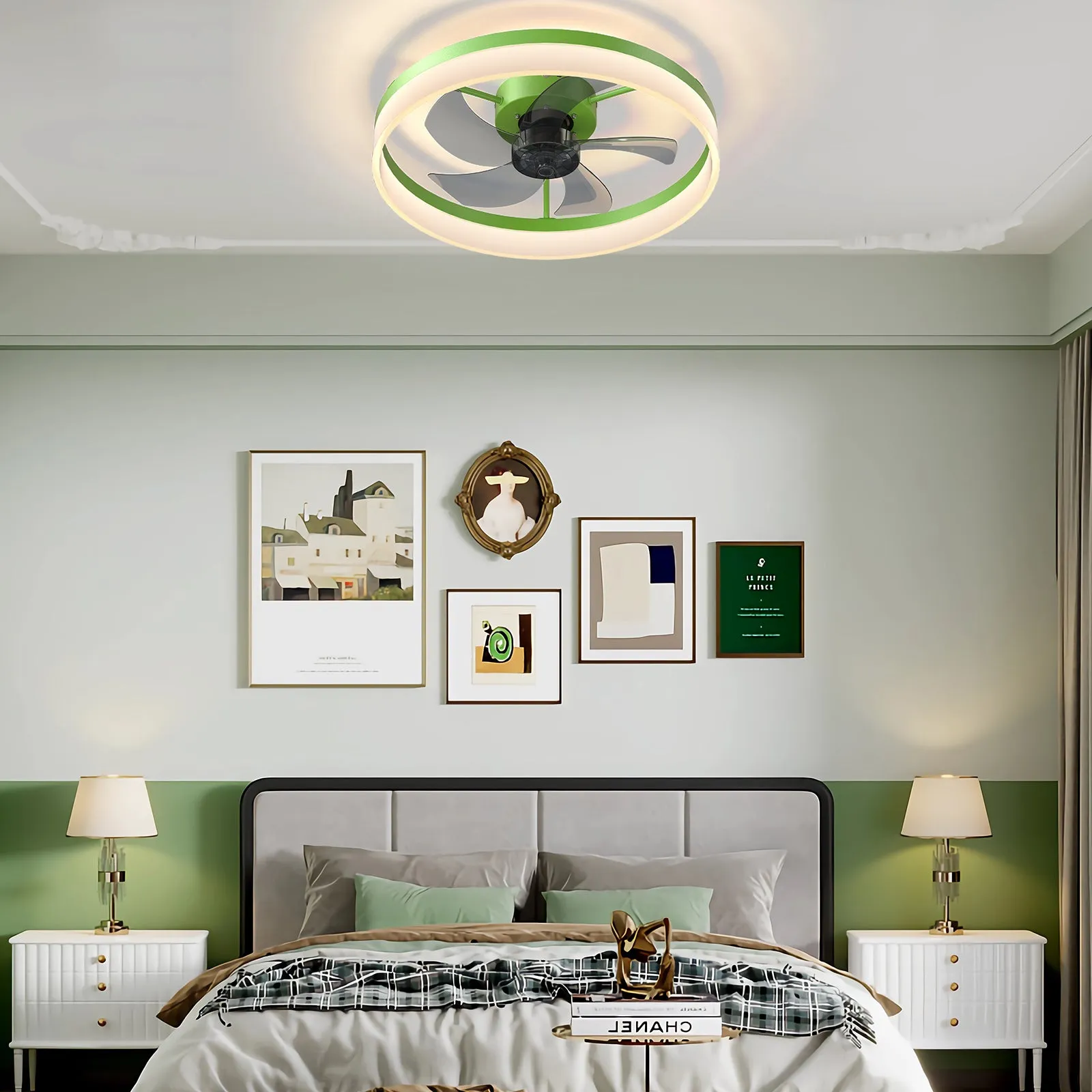 19.7" Simple LED Ring Chandelier Fan Modern Recessed Ceiling Light Chandelier Green Ceiling Fan Light