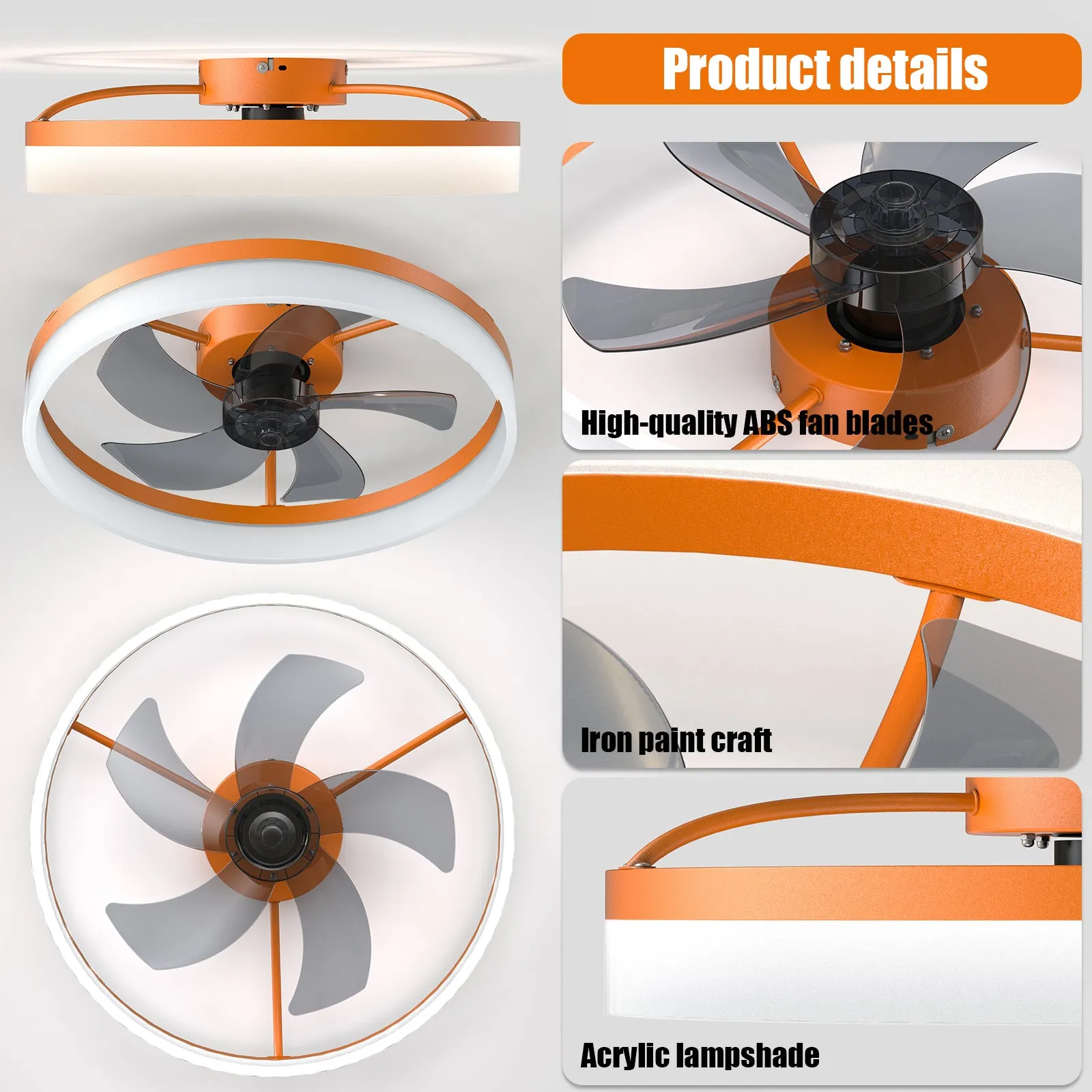 19.7" Simple LED Ring Chandelier Fan Modern Recessed Ceiling Light Chandelier Orange Ceiling Fan Light