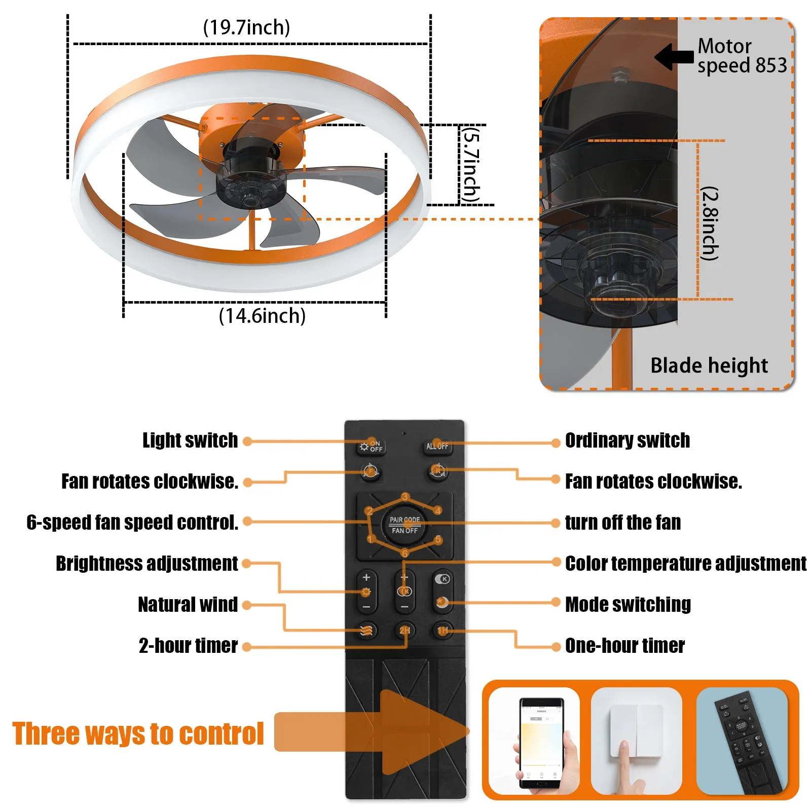 19.7" Simple LED Ring Chandelier Fan Modern Recessed Ceiling Light Chandelier Orange Ceiling Fan Light