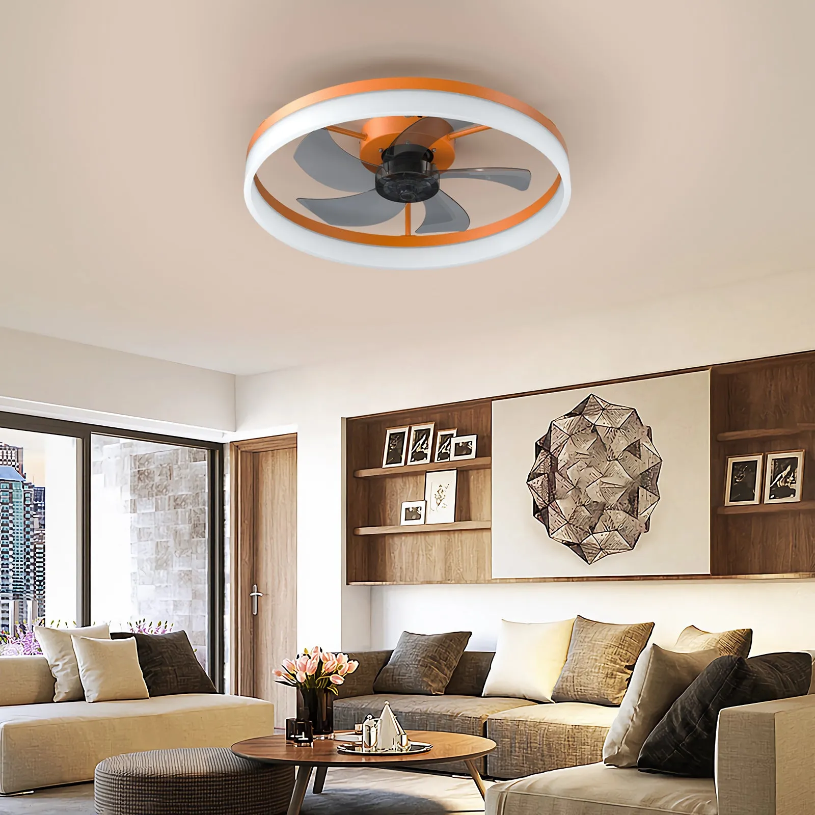 19.7" Simple LED Ring Chandelier Fan Modern Recessed Ceiling Light Chandelier Orange Ceiling Fan Light