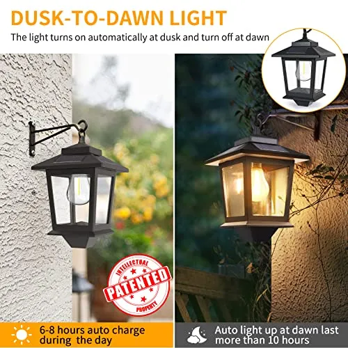 2 Pack Solar Wall Lanterns with Replaceable Bulb,Outdoor Hanging Solar Lights with 4 Solar Panels,Dusk to Dawn Led Outdoor Wall Sconce,Anti-Rust Waterproof Wall Lanterns with Hooks,3000K Warm White