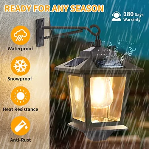 2 Pack Solar Wall Lanterns with Replaceable Bulb,Outdoor Hanging Solar Lights with 4 Solar Panels,Dusk to Dawn Led Outdoor Wall Sconce,Anti-Rust Waterproof Wall Lanterns with Hooks,3000K Warm White