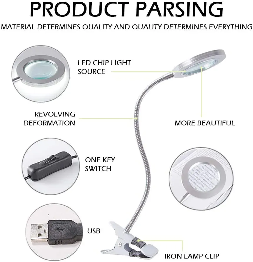 8X LED Magnifying Lamp w/ Clamp, 360° Gooseneck, USB Plugin