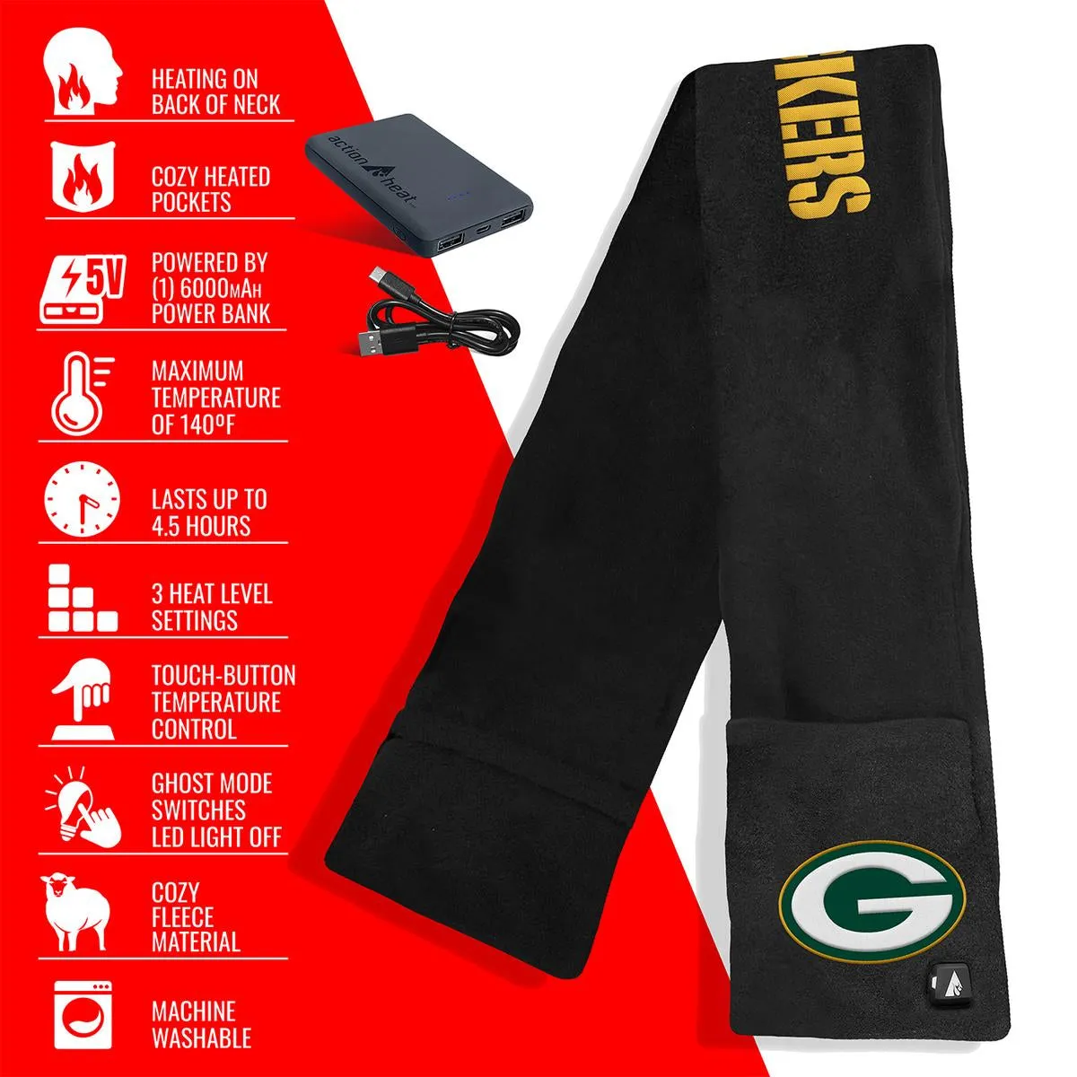 ActionHeat Green Bay Packers 5V Battery Heated Scarf