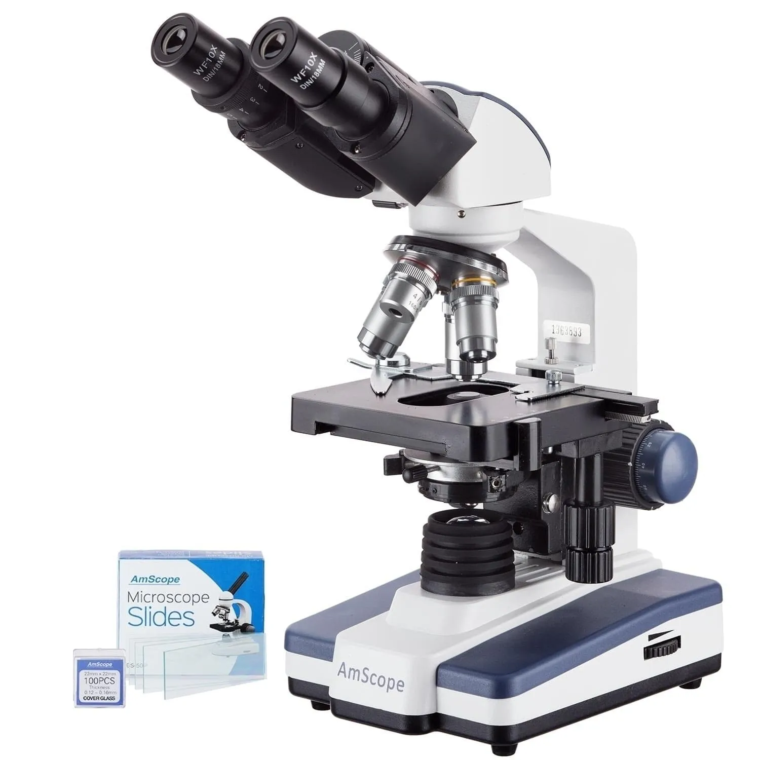 AmScope B120 Series Binocular Compound Microscope 40X-2500X Magnification with LED, Siedentopf Head, 50 Blank Slides and 5MP Digital Camera