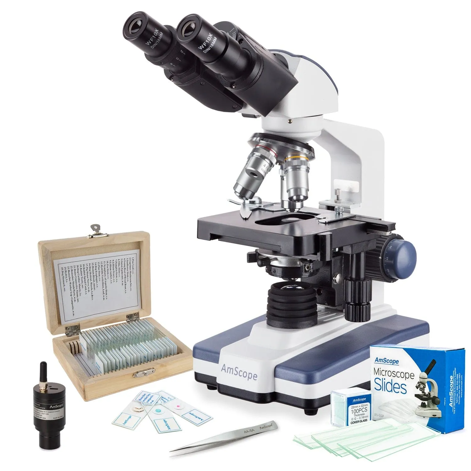 AmScope Binocular Compound Microscope 40X-2500X Magnification, Student & Professional   LED Illumination   Wi-Fi 2.0MP Digital Eyepiece Camera   Precision Tweezers   Prepared & Blank Slides