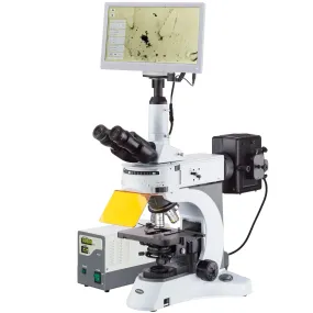 AmScope FM820 Series Upright Fluorescence Trinocular Compound Microscope 40X-1000X Magnification with Rotating Multi-filter Turret, HDMI Camera and Screen