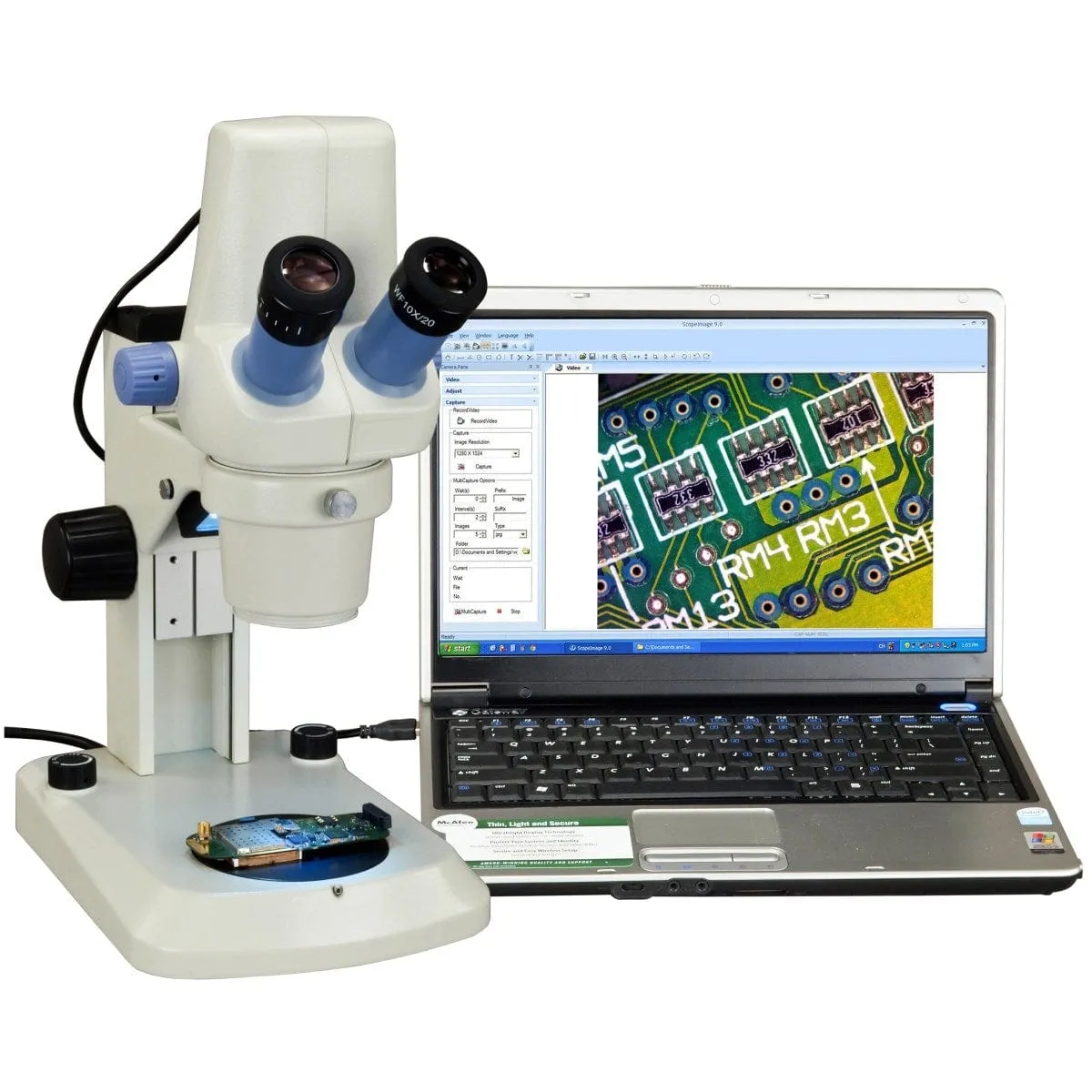 AmScope MD428C10 Series Zoom Digital Integrated Binocular Stereo Microscope 7X-30X Magnification on Track Stand with 1.3MP Imaging and LED Illumination