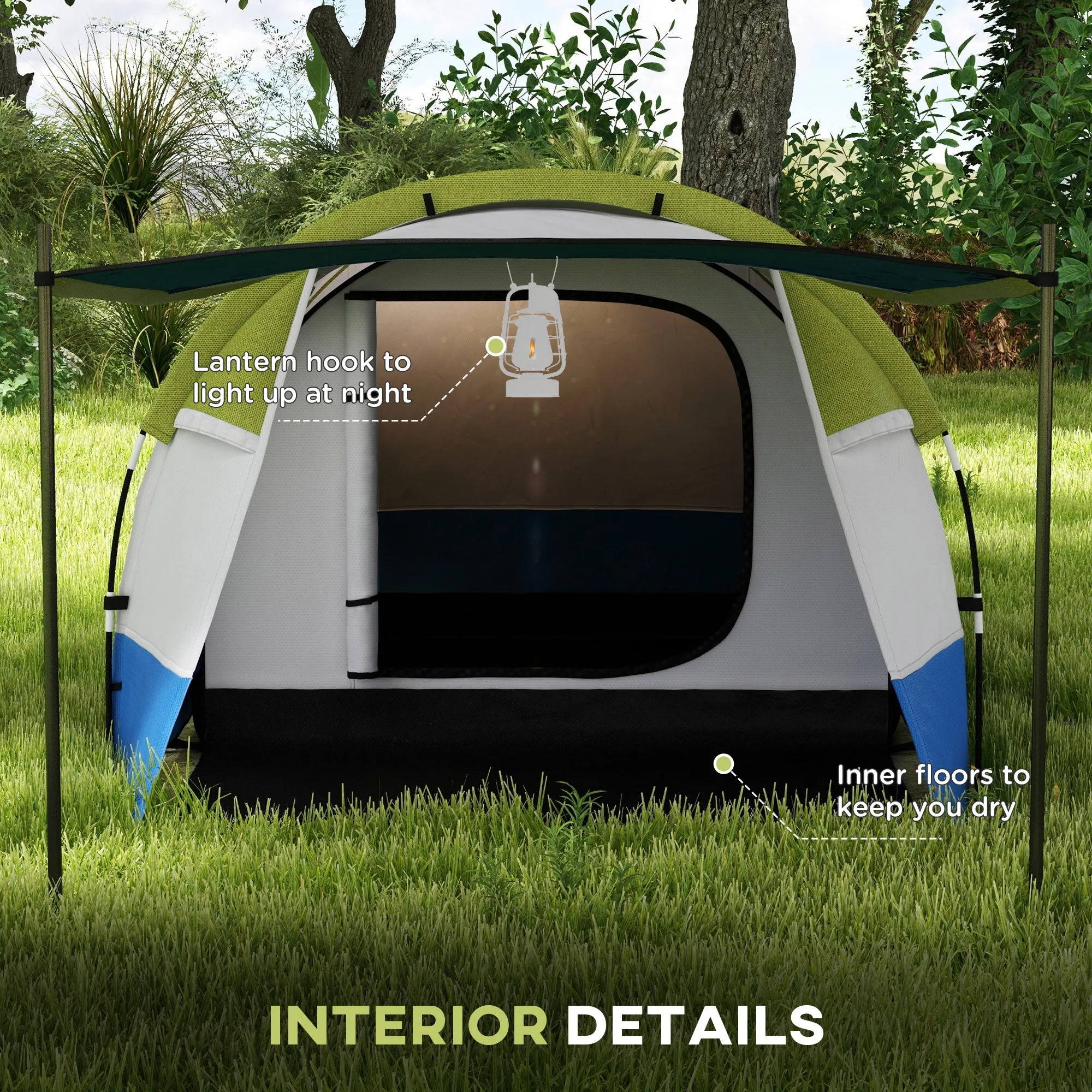 Camping Tent, Large Tunnel Tent with Bedroom and Living Area, 2000mm Waterproof, Portable with Bag for 2-3 Man, Green