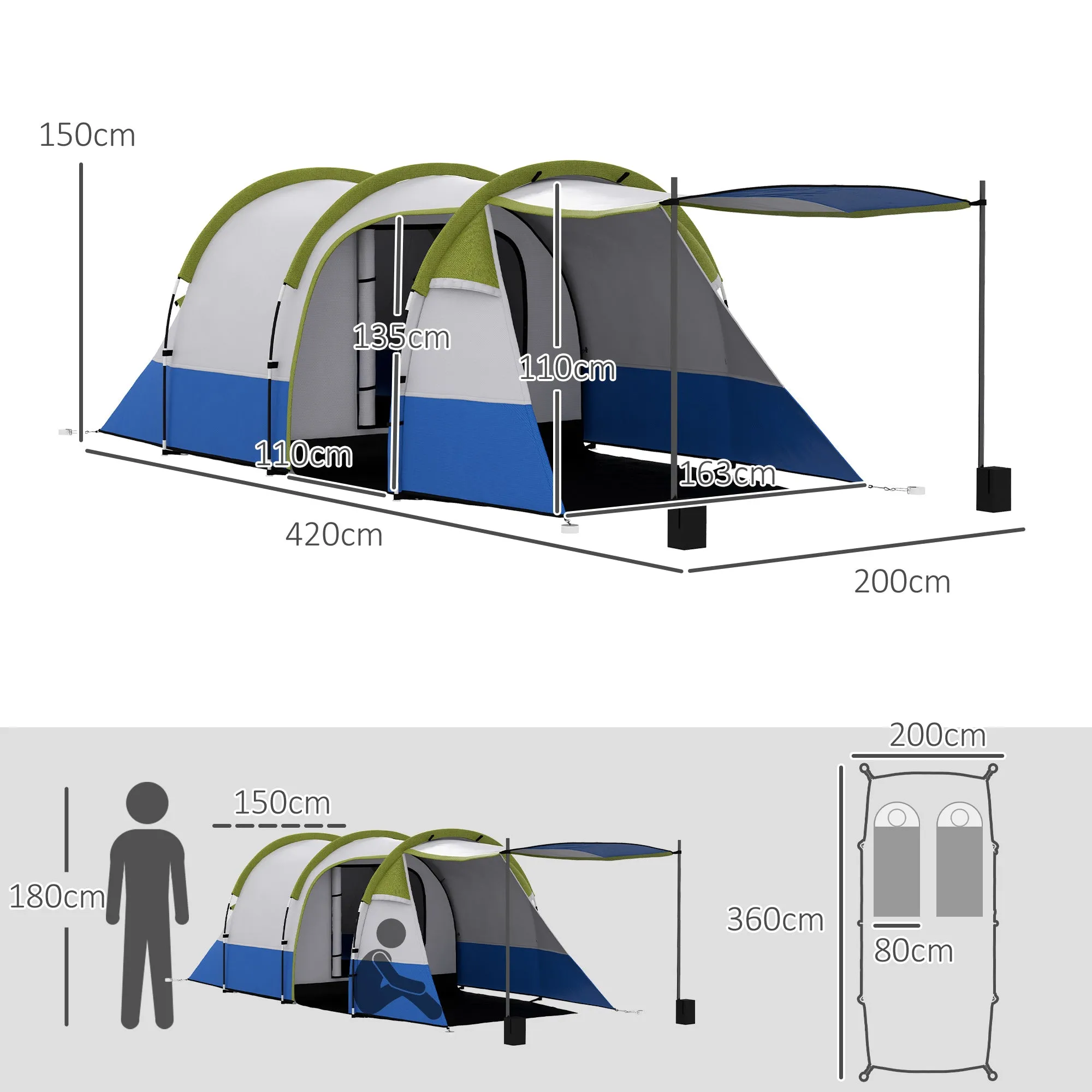 Camping Tent, Large Tunnel Tent with Bedroom and Living Area, 2000mm Waterproof, Portable with Bag for 2-3 Man, Green