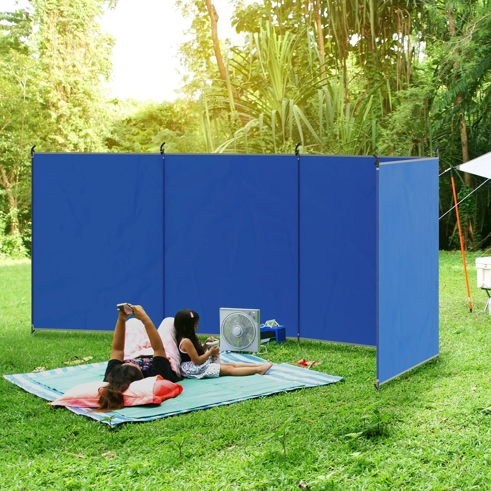 Camping Windbreak, Foldable Portable Wind Blocker w/ Carry Bag and Steel Poles, Beach Sun Screen Shelter Privacy Wall, 450cm x 150cm