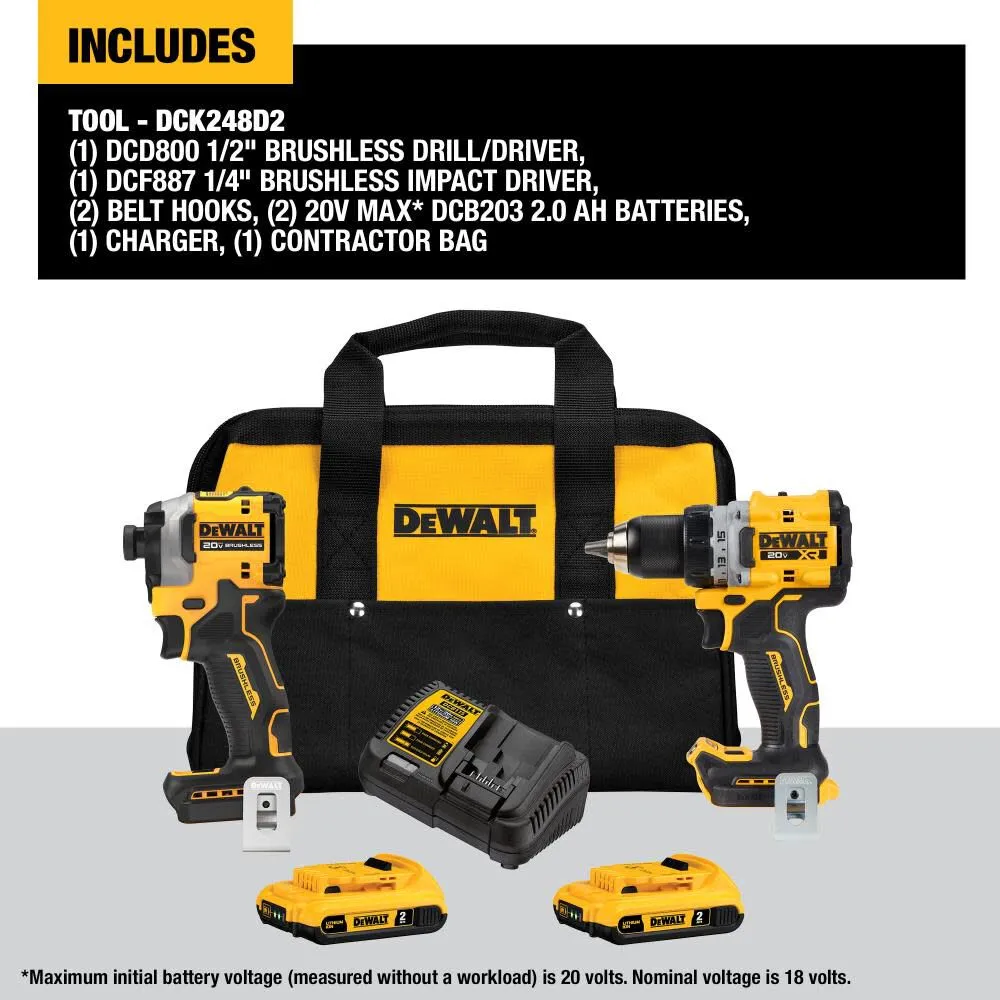 DeWalt DCK248D2 20V Brushless Cordless 1/2" Drill Driver/1/4" Impact Driver Combo Kit (2-Tool)