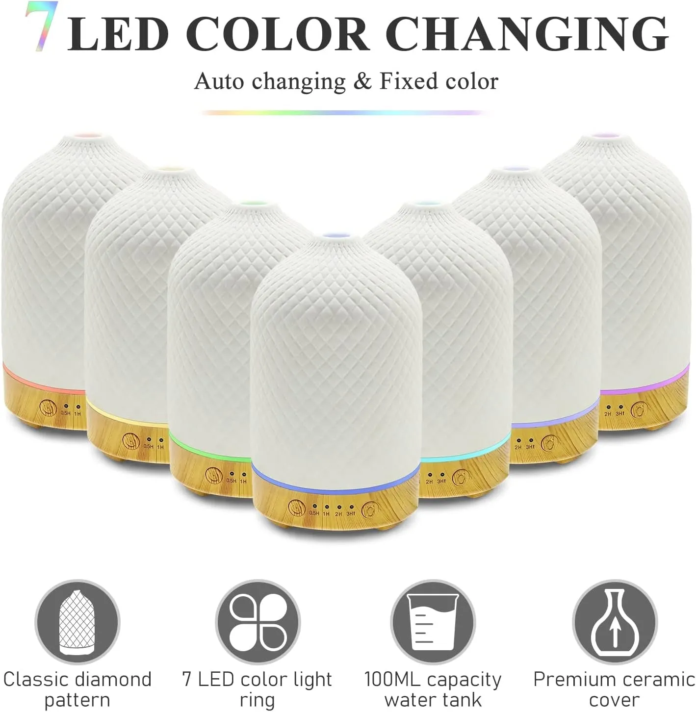 Essential Oil Diffuser Aromatherapy Air Cool Mist Diffuser 100ml Ceramic Aroma Scent Diffusers Humidifier with Auto Shut Off Ultrasonic Quiet/4 Timing Set/7 LED Lights for Home Office Sleep