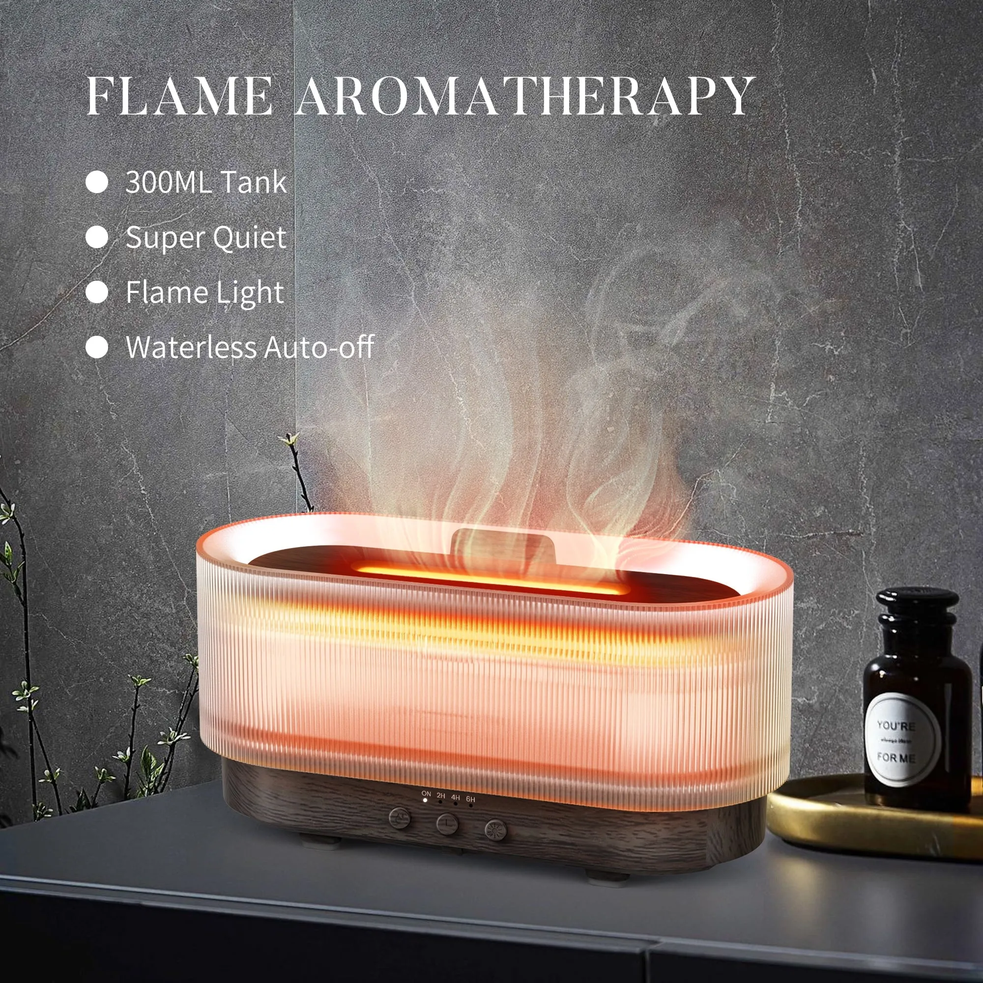 Essential Oil Diffuser for Home Bedroom, 300Ml Cool Mist Humidifier with Flame Light, 6 Colors Changed, Dark Wood Grain