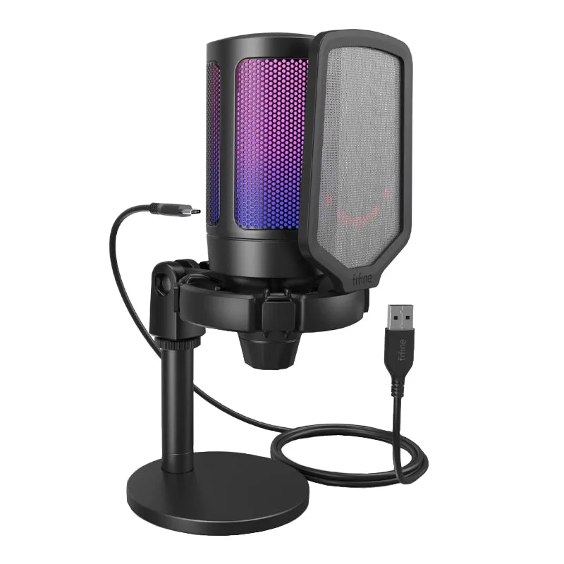 Fifine Mic A6V Ampligame Usb Rgb Microphone With Pop Filter - Shock Mount - Round Stand