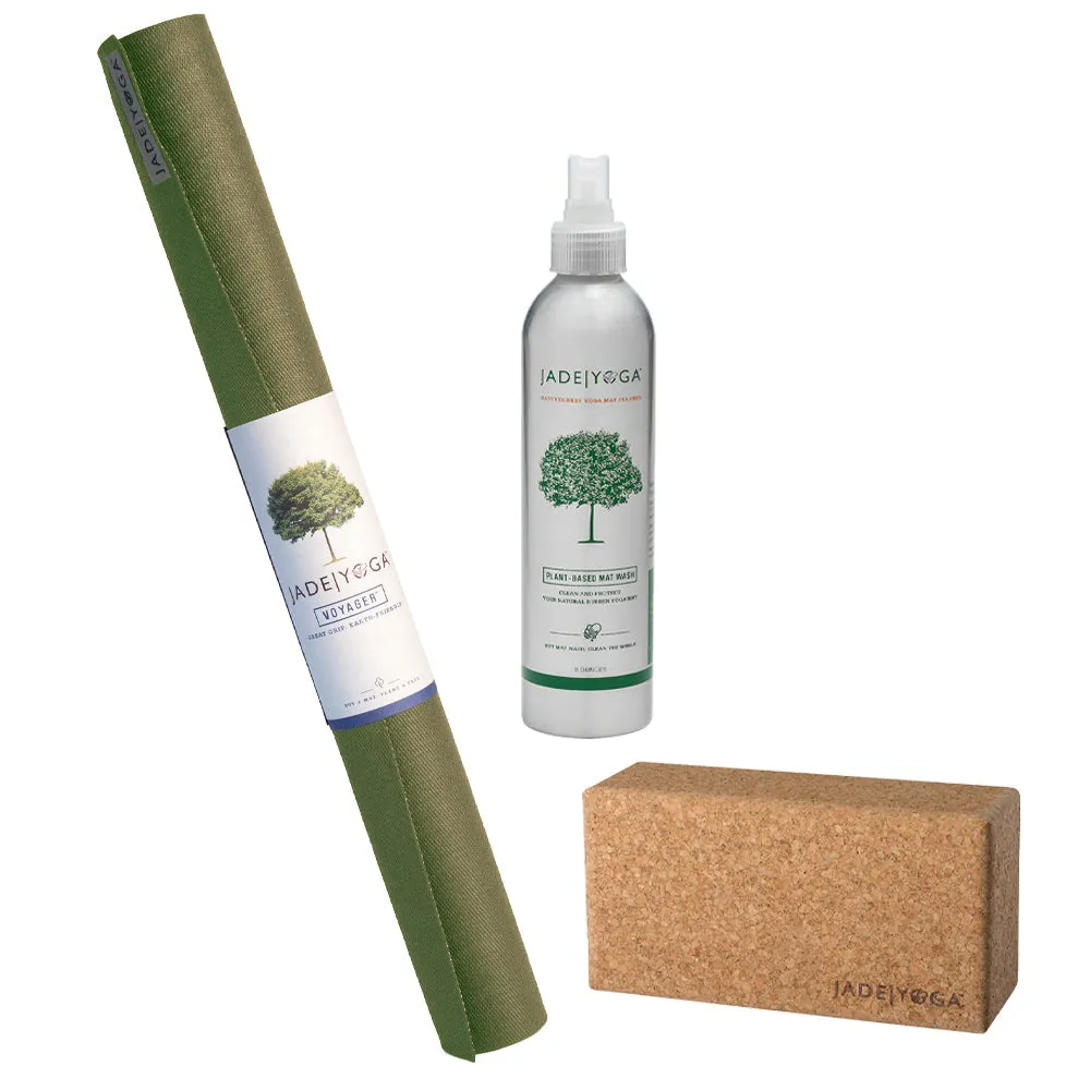 Jade Yoga Voyager Mat - Olive & Jade Yoga Cork Yoga Block - Small   Jade Yoga Plant Based Mat Wash - 8 oz Starter Kit