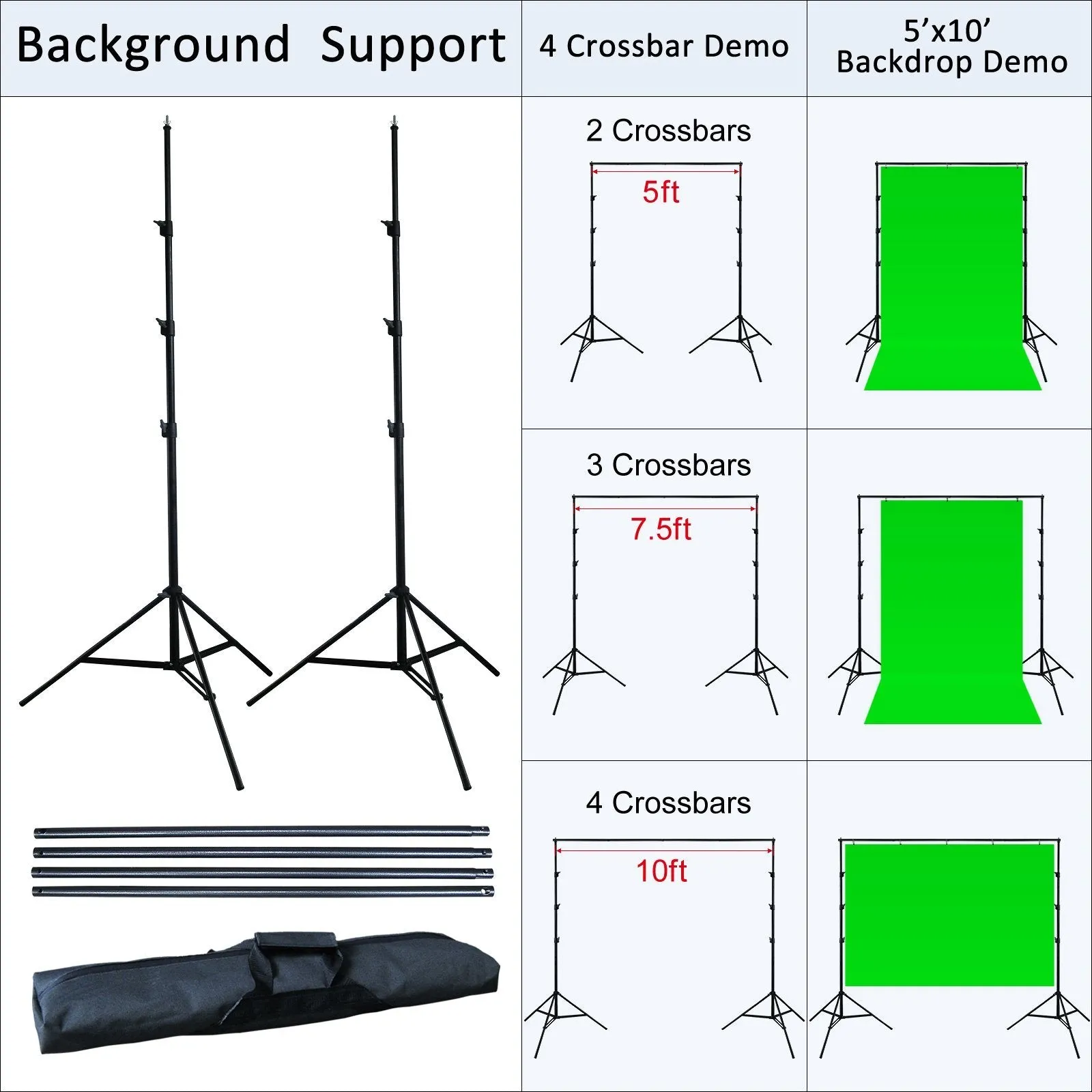 LNCPro™ 77"x120" Adjustable Photography Studio Muslin Background Stand Kit: Morning Glory Softboxes, Backdrop Crossbars