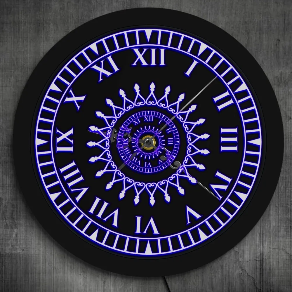 Mandala Flower Design Living Room Wall Decor LED Neon Sign Lighted 3D Wall Clock With Roman Numerals Spritual Geometric Pattern