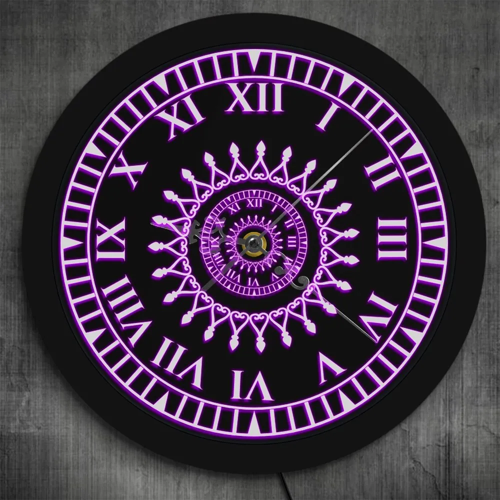 Mandala Flower Design Living Room Wall Decor LED Neon Sign Lighted 3D Wall Clock With Roman Numerals Spritual Geometric Pattern