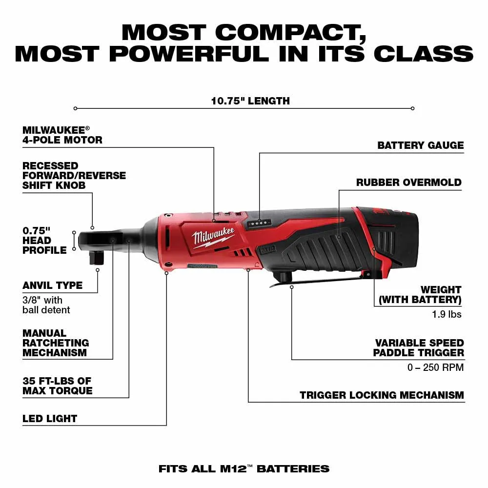 Milwaukee 2457-21 M12™ Cordless 3/8" Ratchet Kit