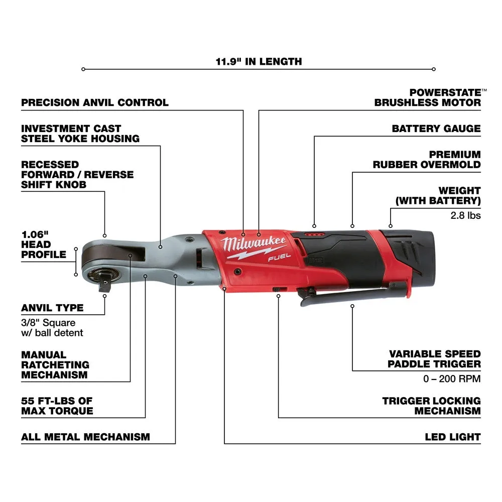 Milwaukee 2557-22 M12 FUEL 3/8" Ratchet 2 Battery Kit