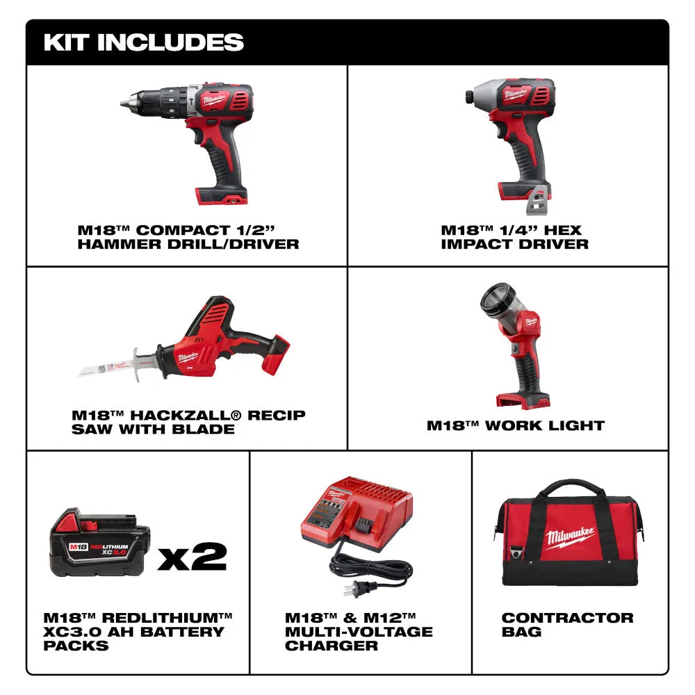 Milwaukee 2695-24 M18 Cordless Combo Compact Hammer Drill/Hackzall/1/4 Hex Impact Driver/Work Light/Charger/2 Battery