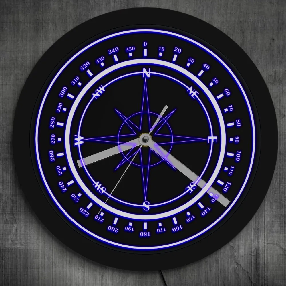 Nautical Compass Wall Clock with LED Backlight Wind Rose Compass Rose Home Decor Navy Luminous Wall Clock Marina Sailors Gifts