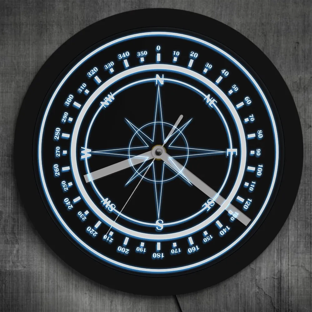 Nautical Compass Wall Clock with LED Backlight Wind Rose Compass Rose Home Decor Navy Luminous Wall Clock Marina Sailors Gifts