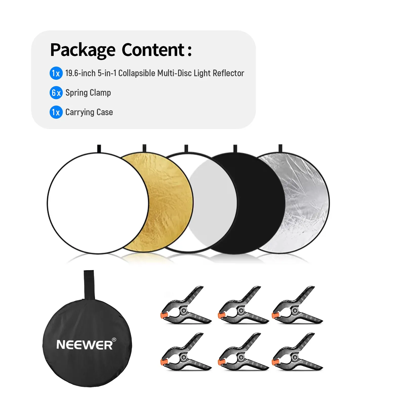 NEEWER 5-in-1 Collapsible Multi-Disc Light Reflector With Clamps