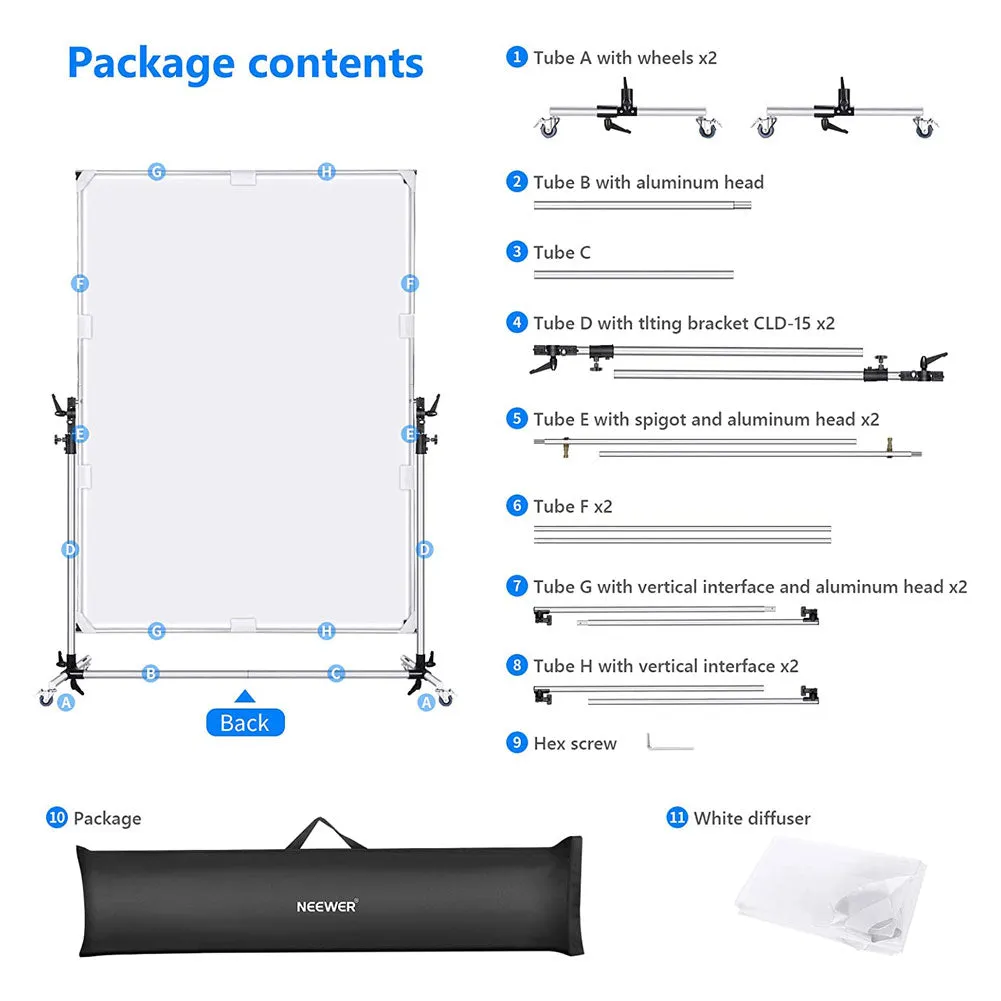 Neewer Medium Overhead Fold Away Diffuser Frame & Wheel Stands (140cm x 200cm)