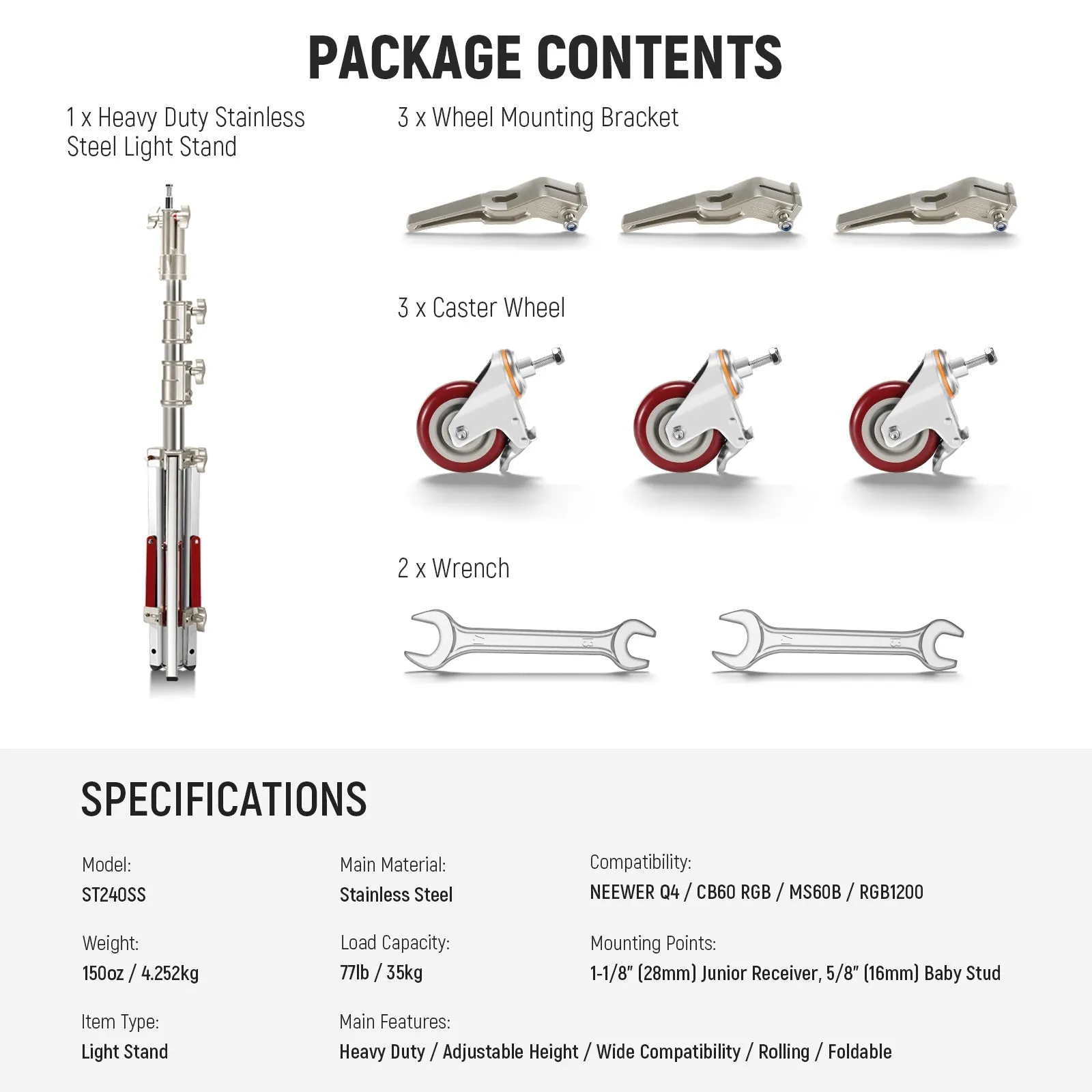 NEEWER ST240SS Heavy Duty Stainless Steel Light Stand