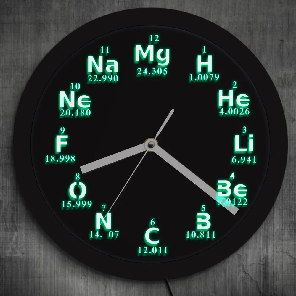 Periodic Table Element Wall Clock Science Chemical Elements LED Lighting Wall Clock Chemistry Science Geeks and Teachers Gift