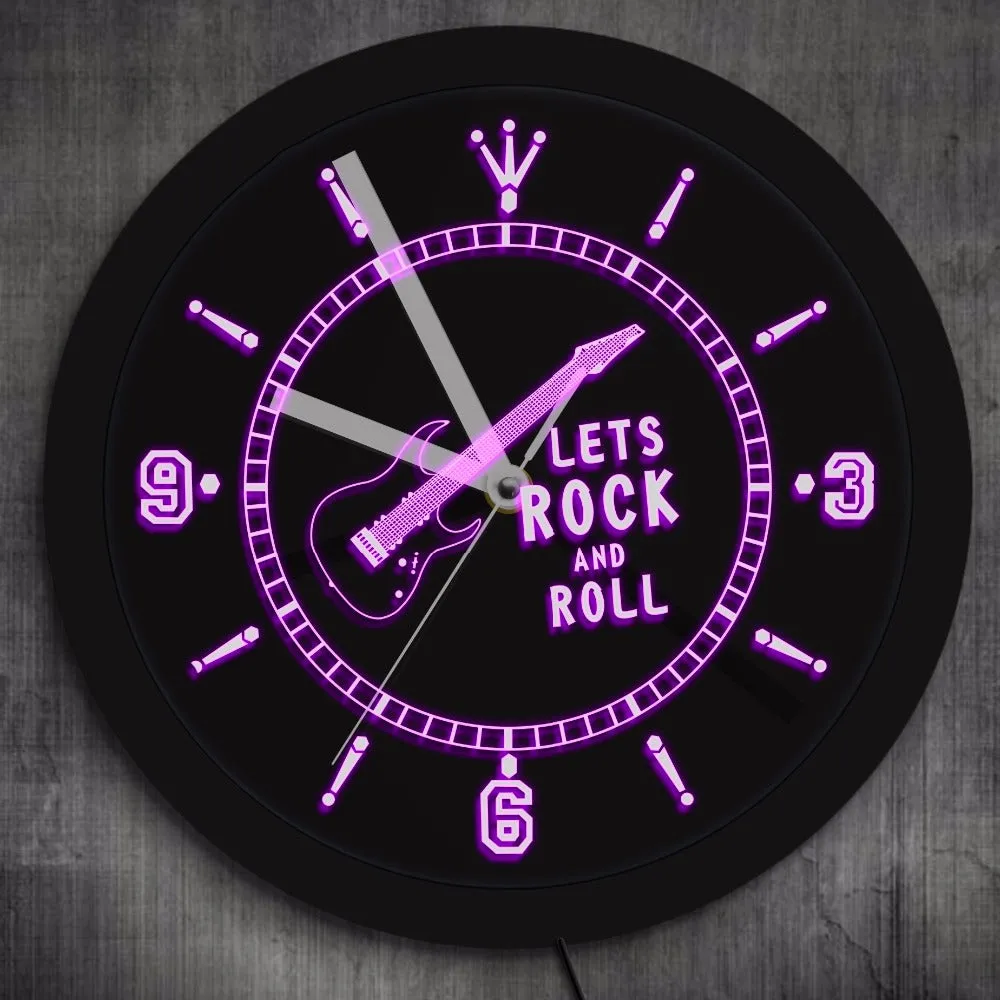 Rocking Guitar LED Lighted Wall Watch Rock n Roll Neon Effect Wall Clock Music Studio Room Pub Bar Wall Art Luminous Wall Clock