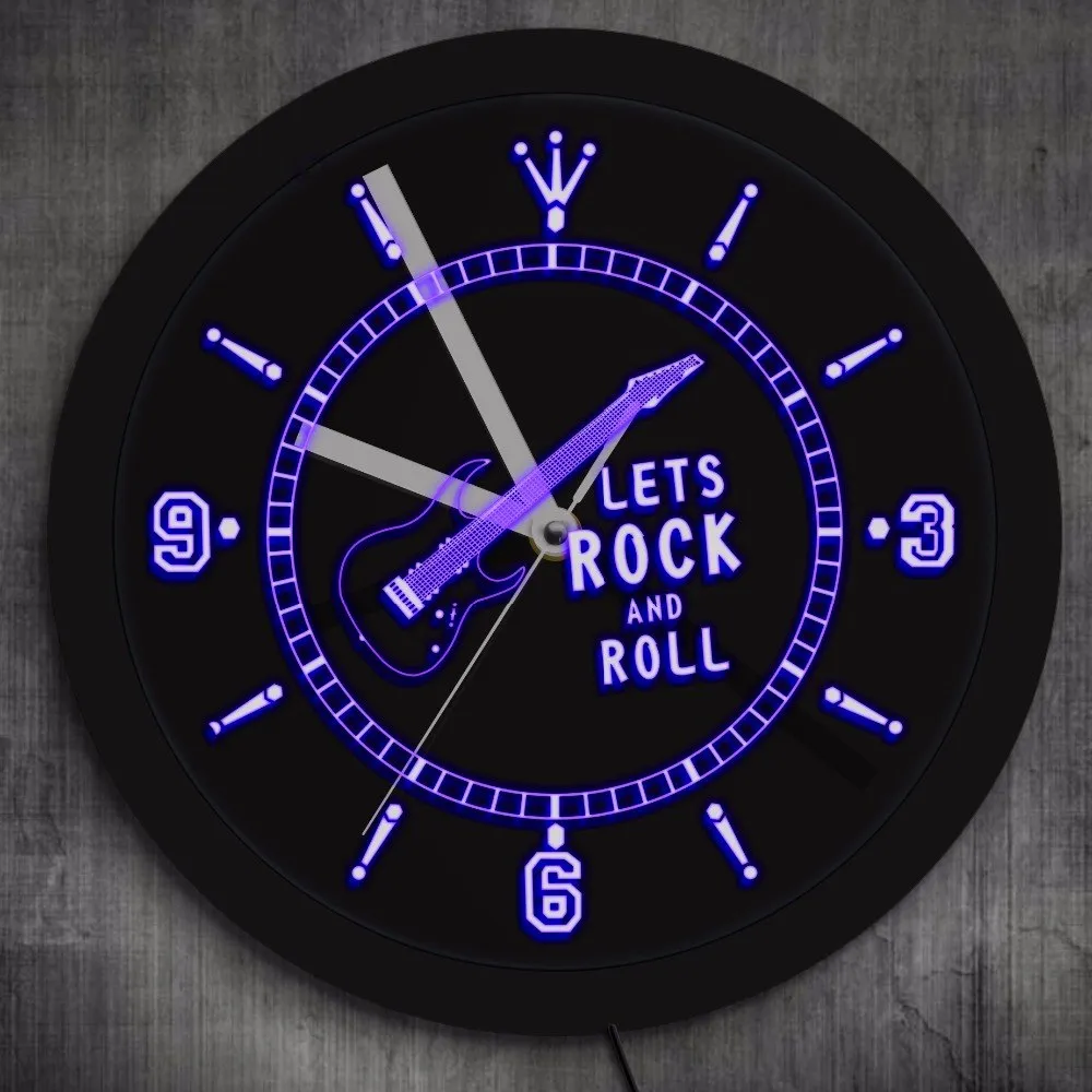 Rocking Guitar LED Lighted Wall Watch Rock n Roll Neon Effect Wall Clock Music Studio Room Pub Bar Wall Art Luminous Wall Clock