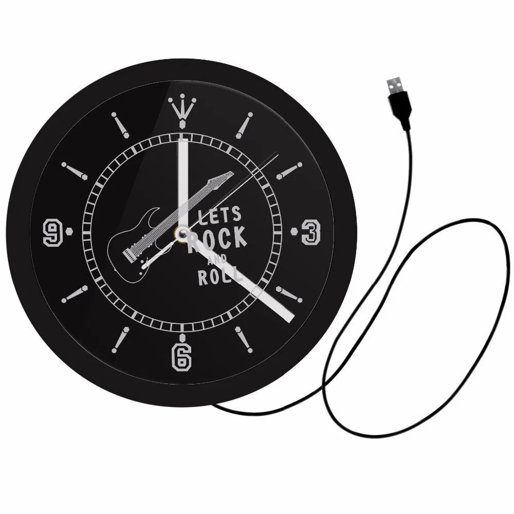 Rocking Guitar LED Lighted Wall Watch Rock n Roll Neon Effect Wall Clock Music Studio Room Pub Bar Wall Art Luminous Wall Clock