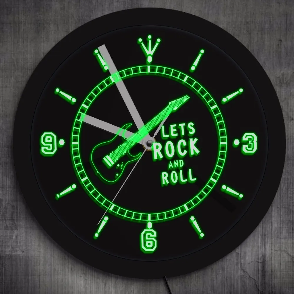 Rocking Guitar LED Lighted Wall Watch Rock n Roll Neon Effect Wall Clock Music Studio Room Pub Bar Wall Art Luminous Wall Clock