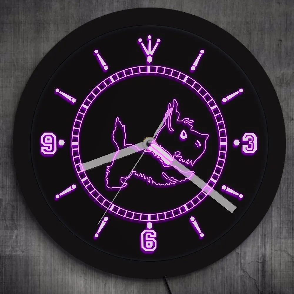 Scottie Dog Neon Wall Sign Art Wall Clock With LED Lighting Dog Breeds Gift Scottish Terrier Luminous Wall Clock Home Decoration