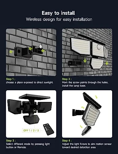 Solar Lights Outdoor, 4 Heads Solar Motion Sensor Lights,176 LED 3000LM Security Lights with Remote Control,IP65 Waterproof,3 Modes, 270° Wide Angle Flood Wall Lights for Garden Patio Yard (2 Pack)