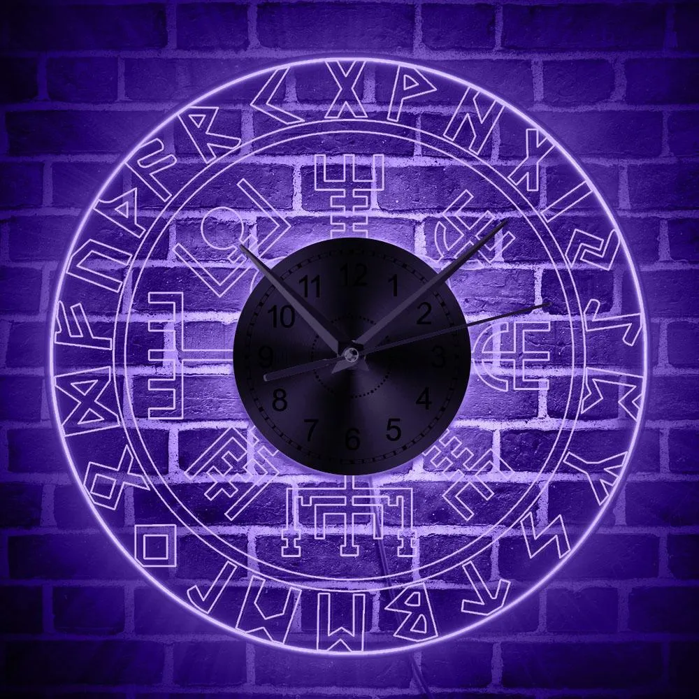 Viking Runes Acrylic LED Edge Lit Wall Clock Norse Rune Compass Luminous Wall Clock with LED Light Man Cave Bar Lighted Sign