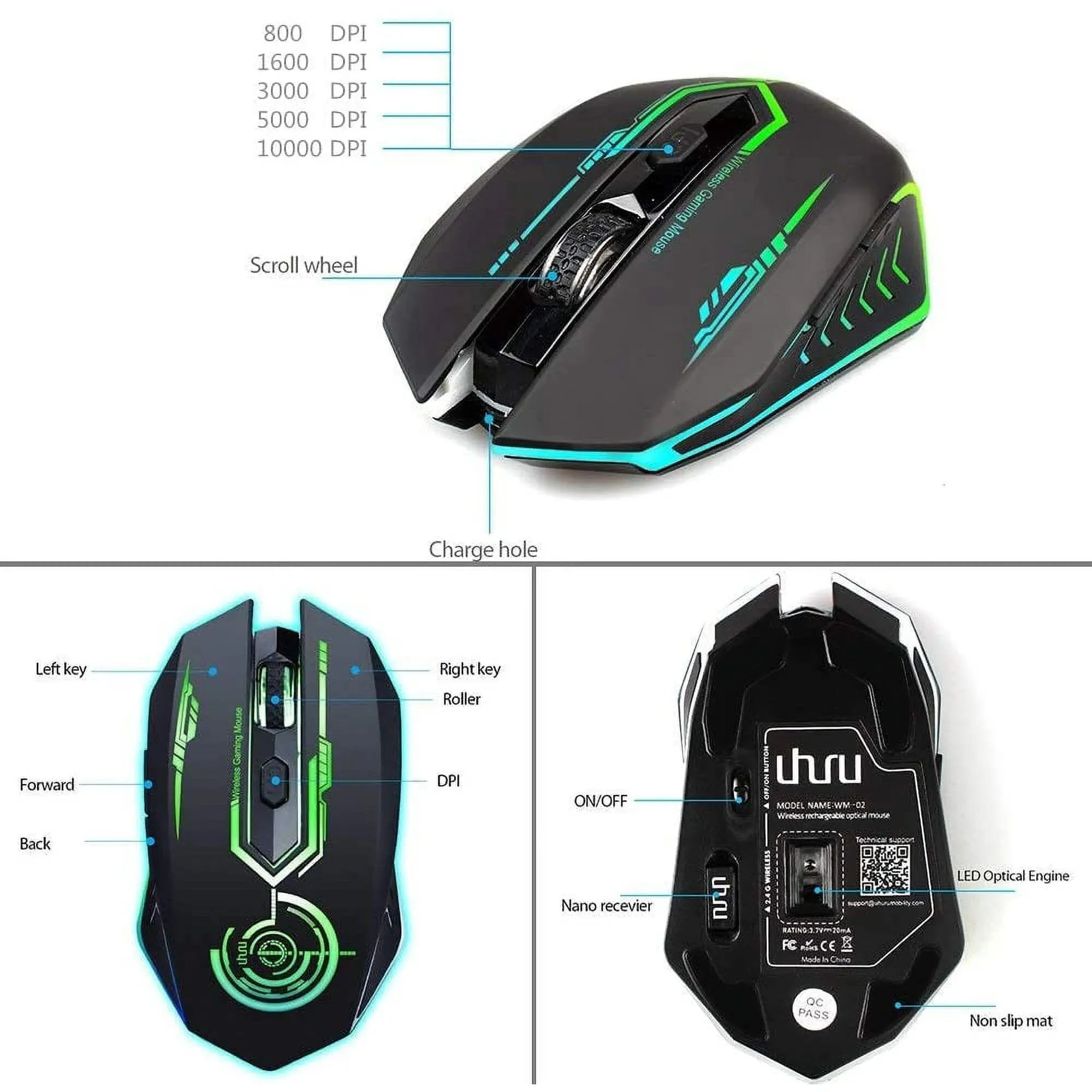 Wireless Gaming Mouse up to 10000 DPI, UHURU Rechargeable USB PC Computer Mouse